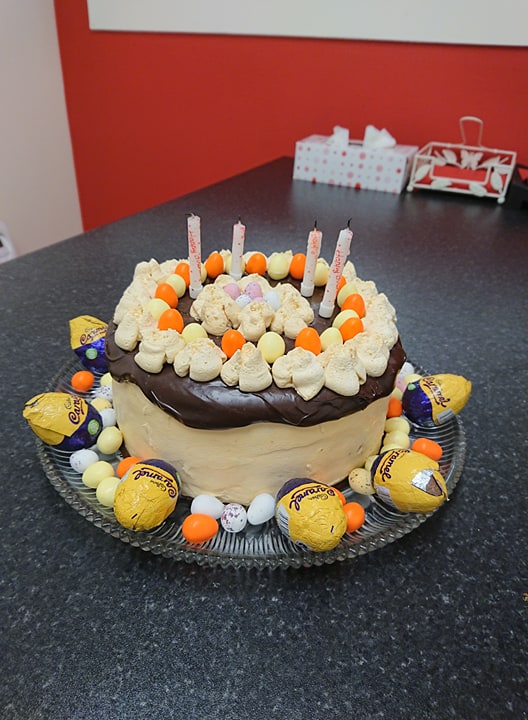 Vanilla sponge birthday cake with caramel cream & chocolate ganache